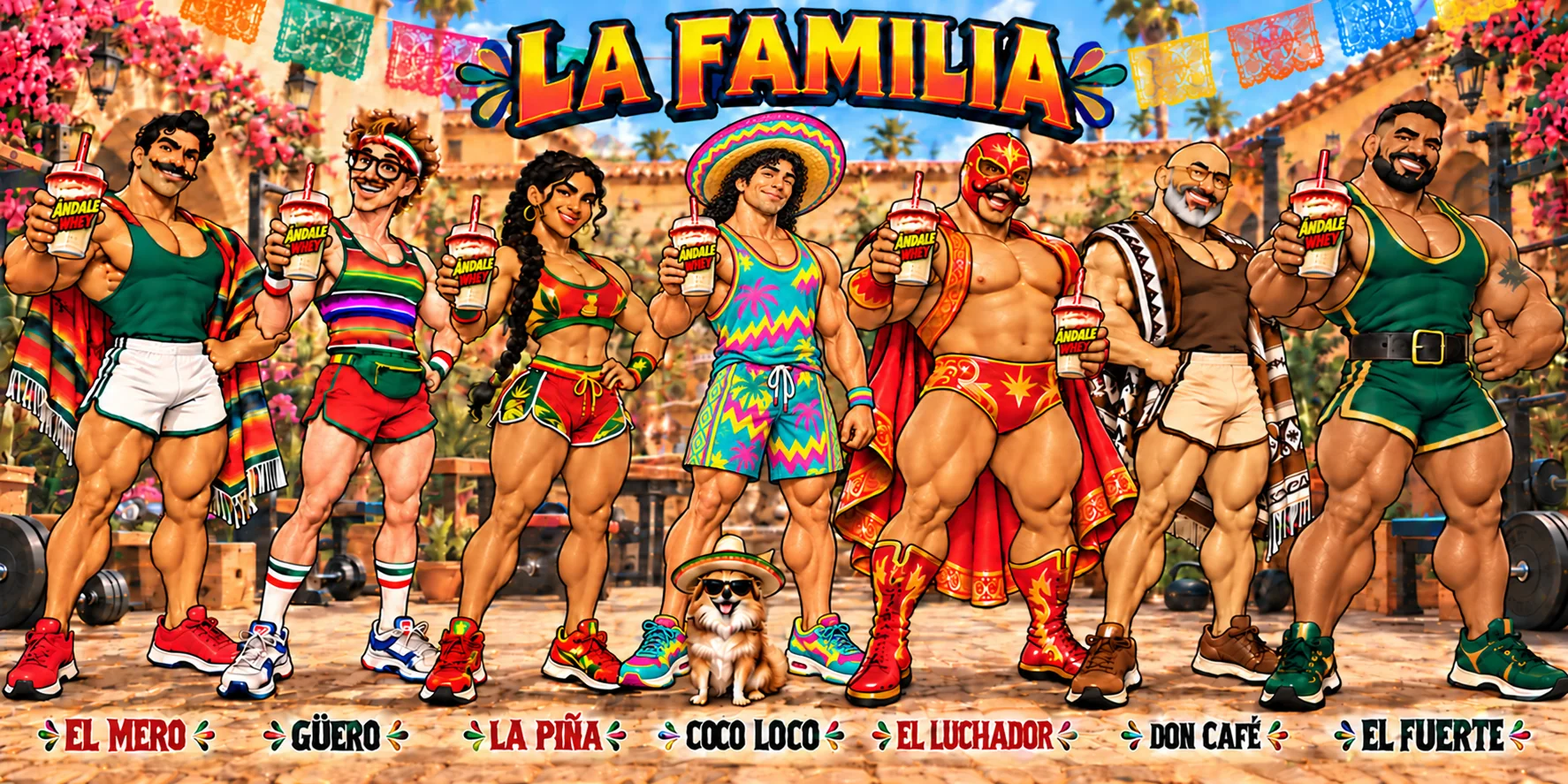 El Mero, Güero, La Piña, Coco Loco, El Luchador, Don Café, and El Fuerte standing side by side with original branded clear Ándale Cups, red Creatahine rims, and their small sombrero dog