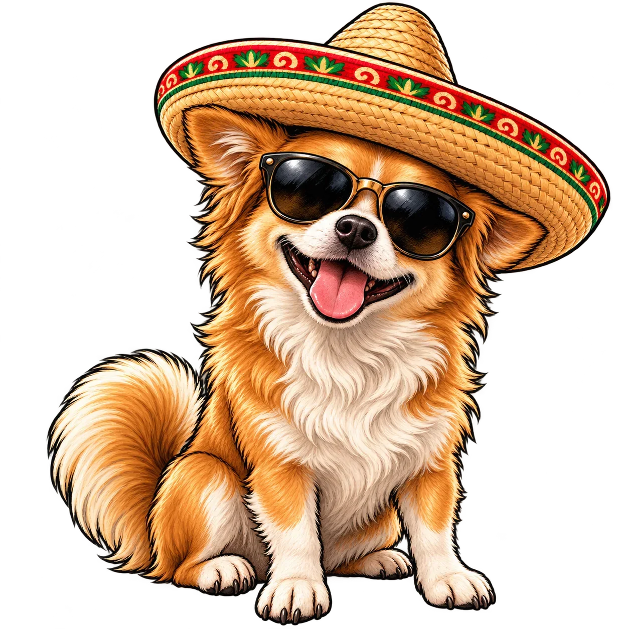 The Ándale Whey dog sidekick, wearing sunglasses and a colorful sombrero