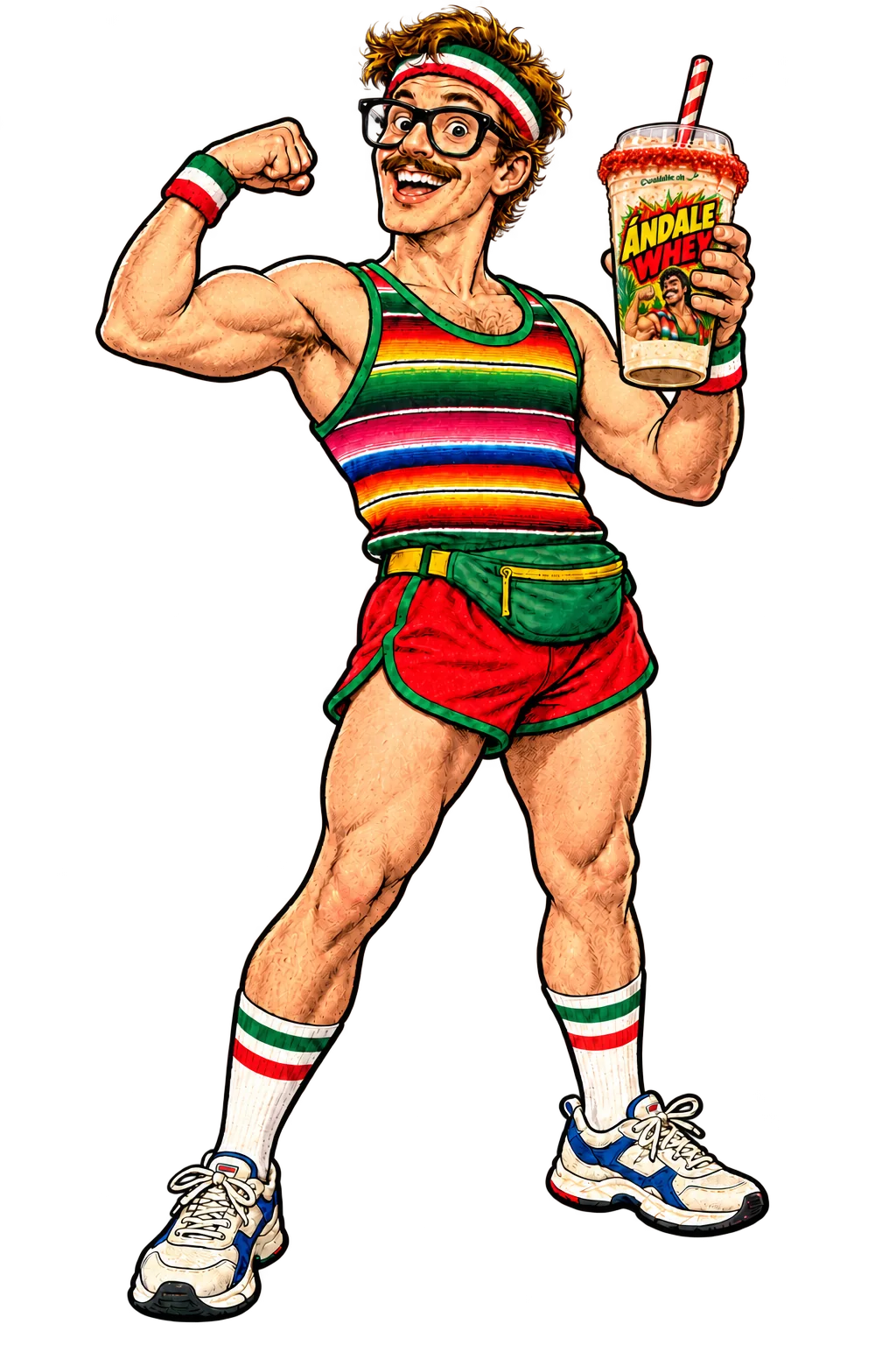 Güero Whey in Mexican gym clothes, holding the original branded Ándale Cup with its red Creatahine rim