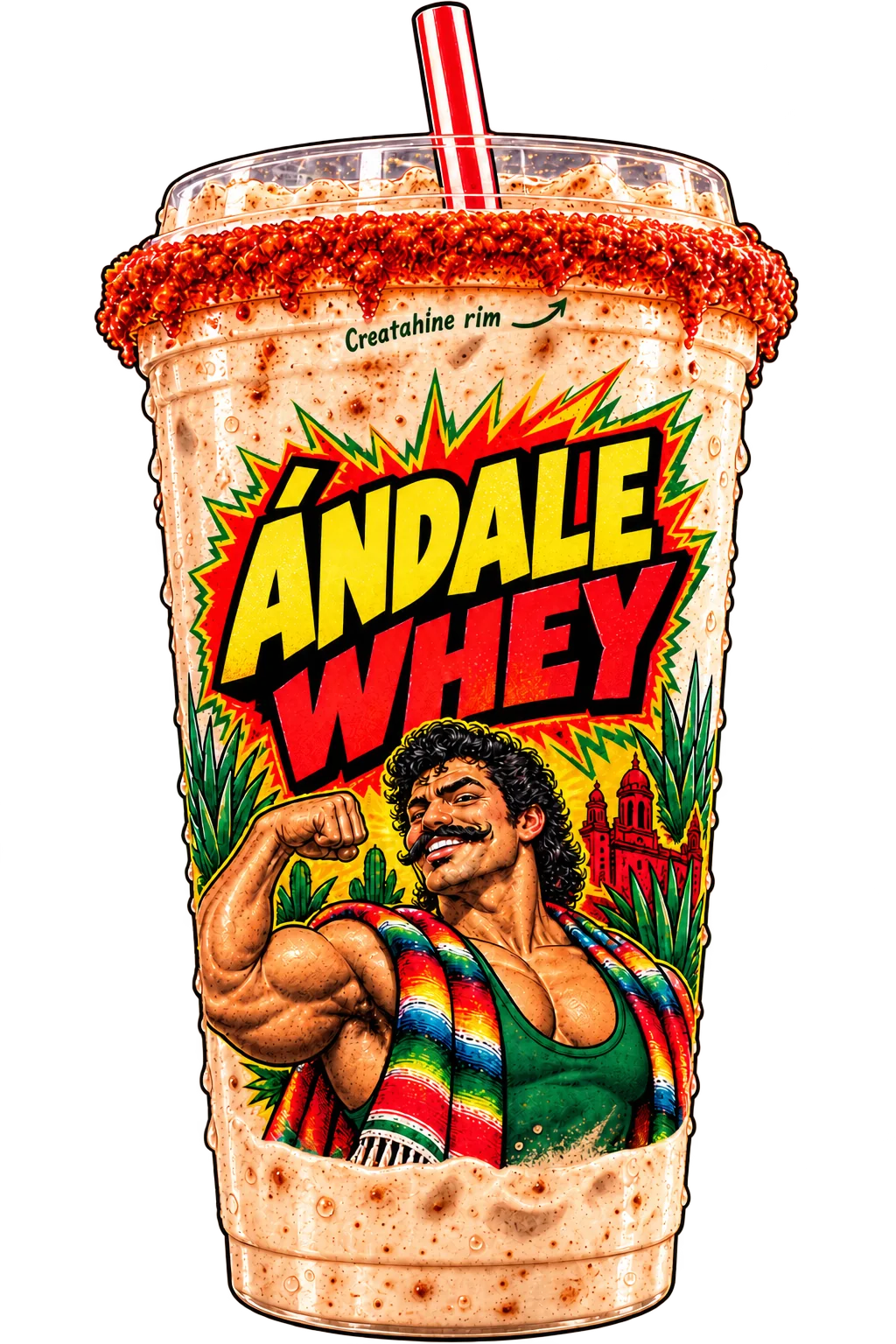 The original clear Ándale Cup with Ándale Whey branding, a striped straw, and small Creatahine rim print pointing to the red rim