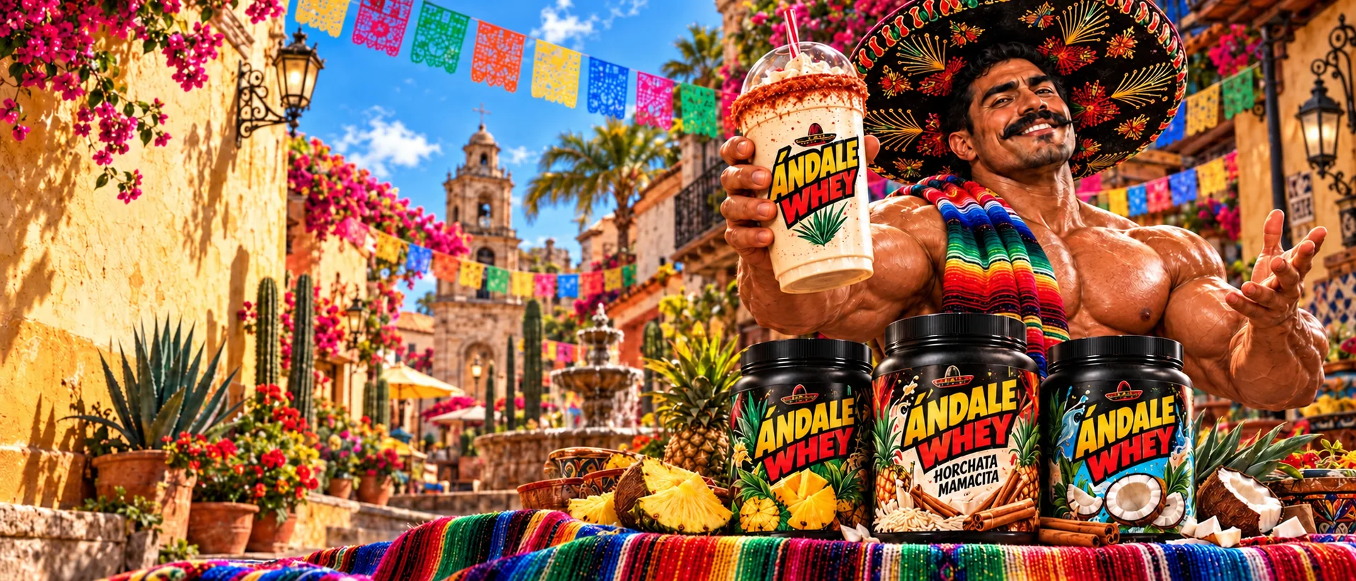 Ándale Whey’s colorful Mexican street world: a huge mustachioed mascot in a sombrero and serape, a red-rim shake, and black flavor tubs beneath papel picado